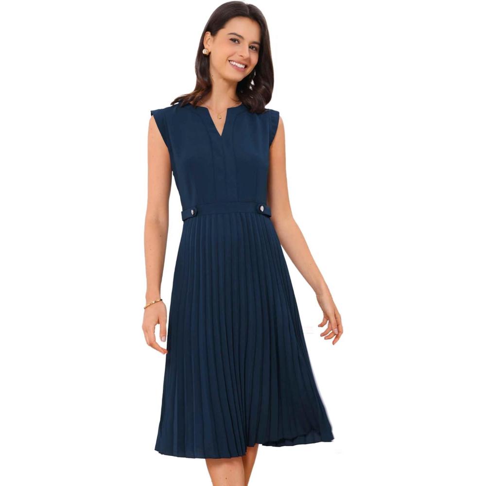 imageAllegra K Summer Dress for Womens 2024 Elegant Sleeveless V Neck ALine Pleated Flowy Midi DressDeep Blue