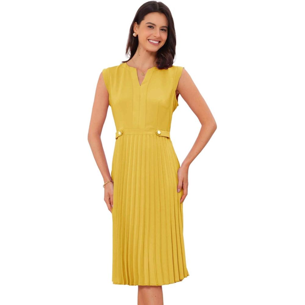 imageAllegra K Summer Dress for Womens 2024 Elegant Sleeveless V Neck ALine Pleated Flowy Midi DressGinger