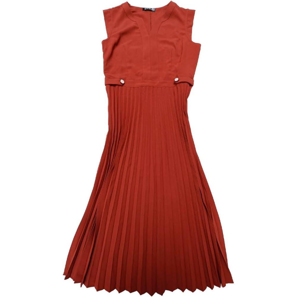 imageAllegra K Summer Dress for Womens 2024 Elegant Sleeveless V Neck ALine Pleated Flowy Midi DressRust Red