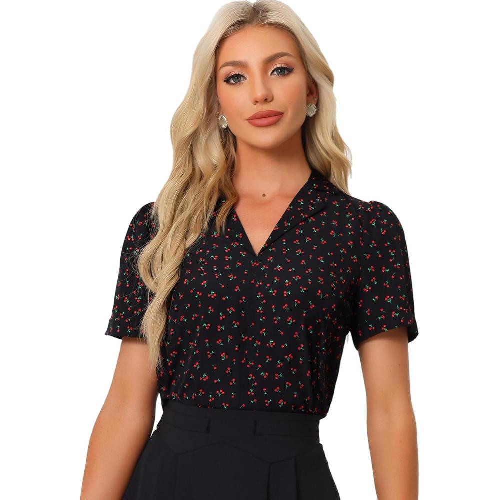 imageAllegra K V Neck Tops for Womens Elegant Casual Cherry Print Notch Lapel Summer Short Sleeve BlouseBlack
