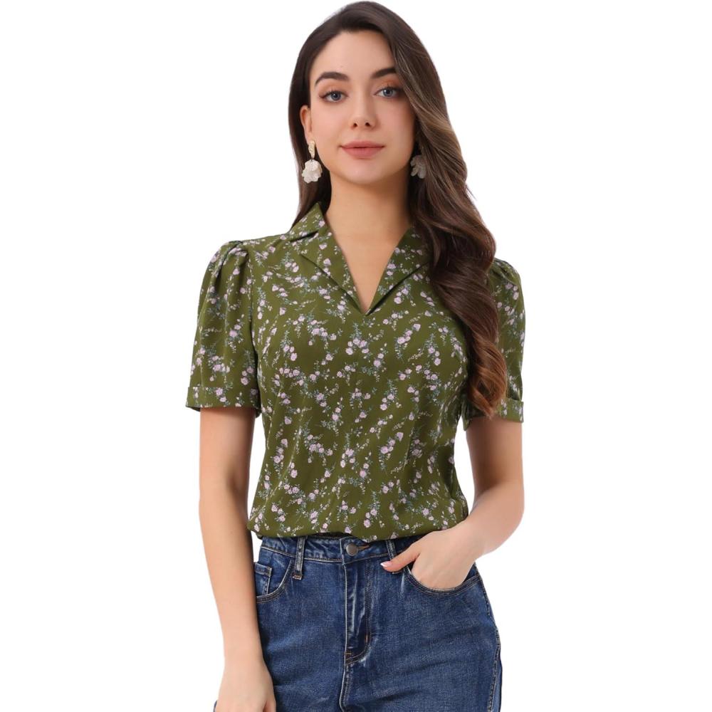 imageAllegra K V Neck Tops for Womens Elegant Casual Cherry Print Notch Lapel Summer Short Sleeve BlouseOlive Green