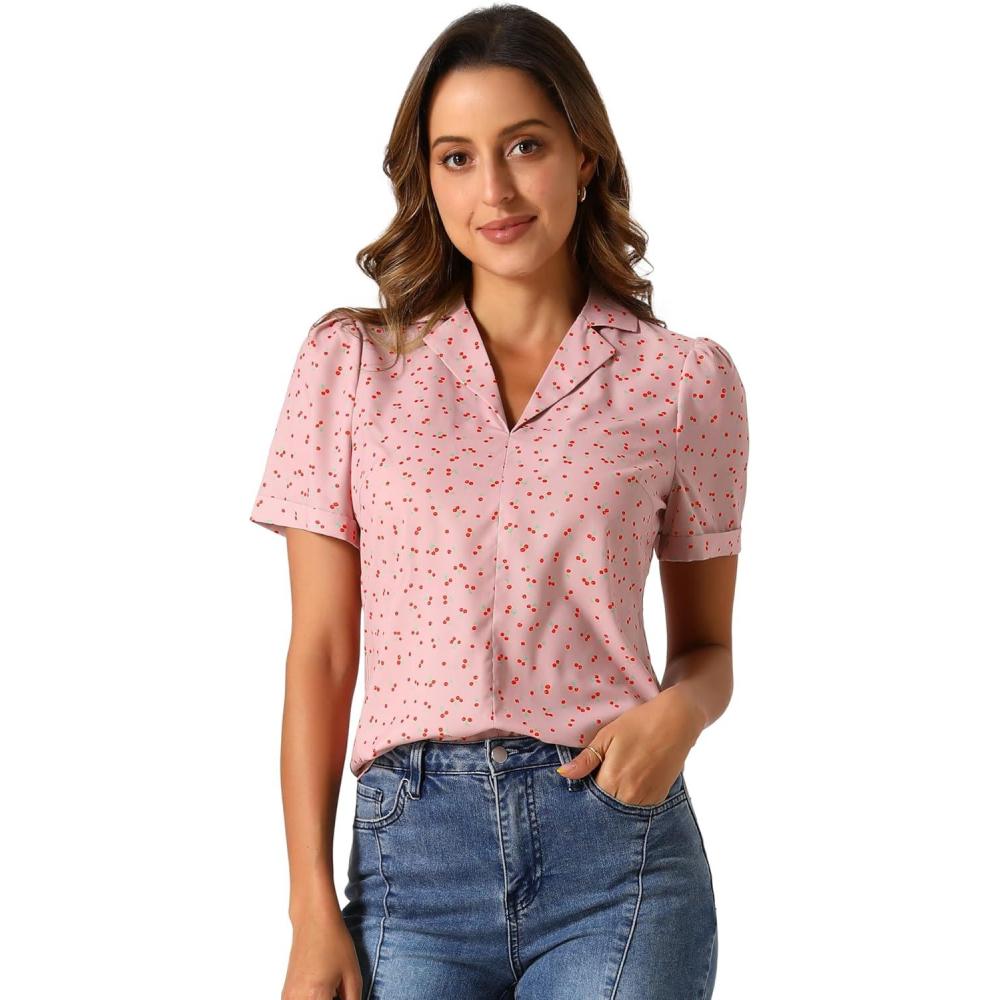 imageAllegra K V Neck Tops for Womens Elegant Casual Cherry Print Notch Lapel Summer Short Sleeve BlousePink