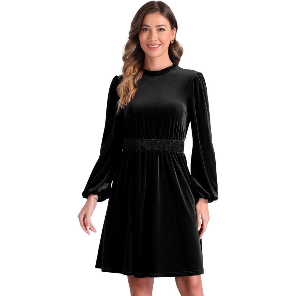 imageAllegra K Velvet Dresses for Womens Smocked Waistline Long Sleeve Wedding Guest DressBlack