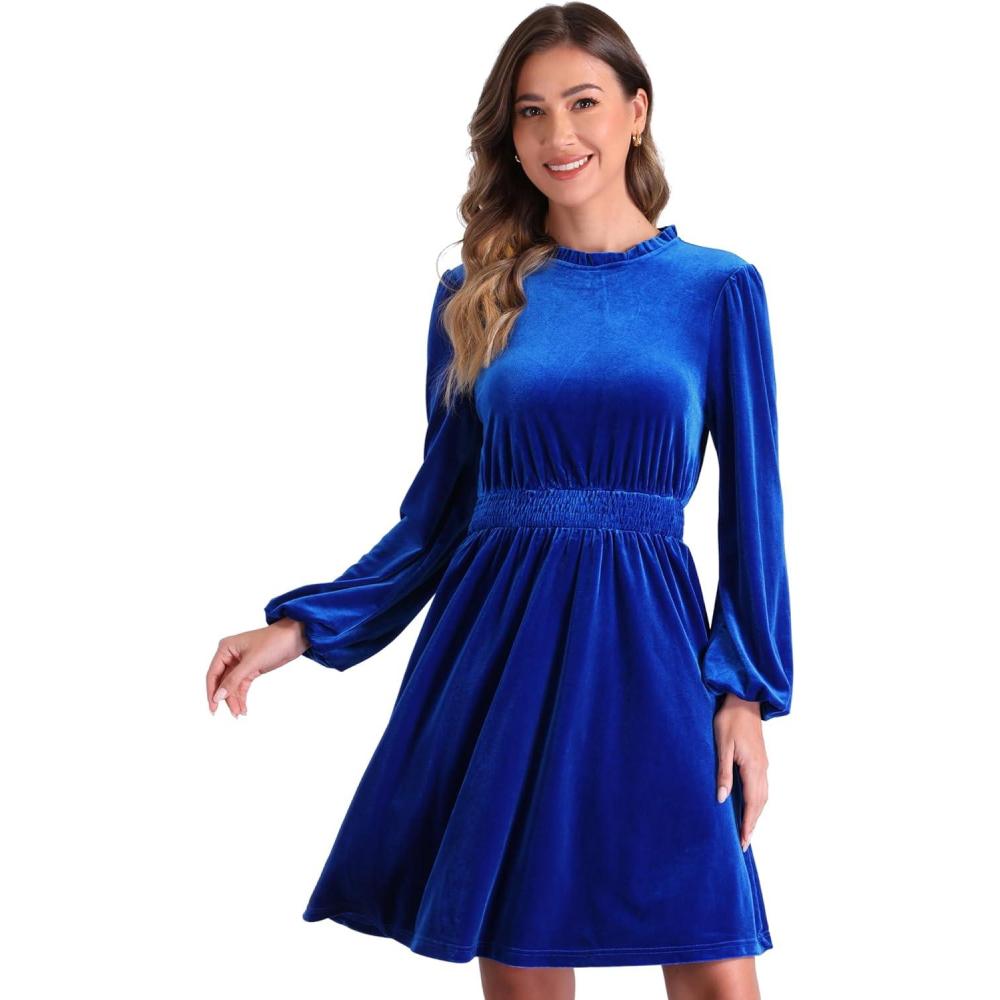 imageAllegra K Velvet Dresses for Womens Smocked Waistline Long Sleeve Wedding Guest DressBlue