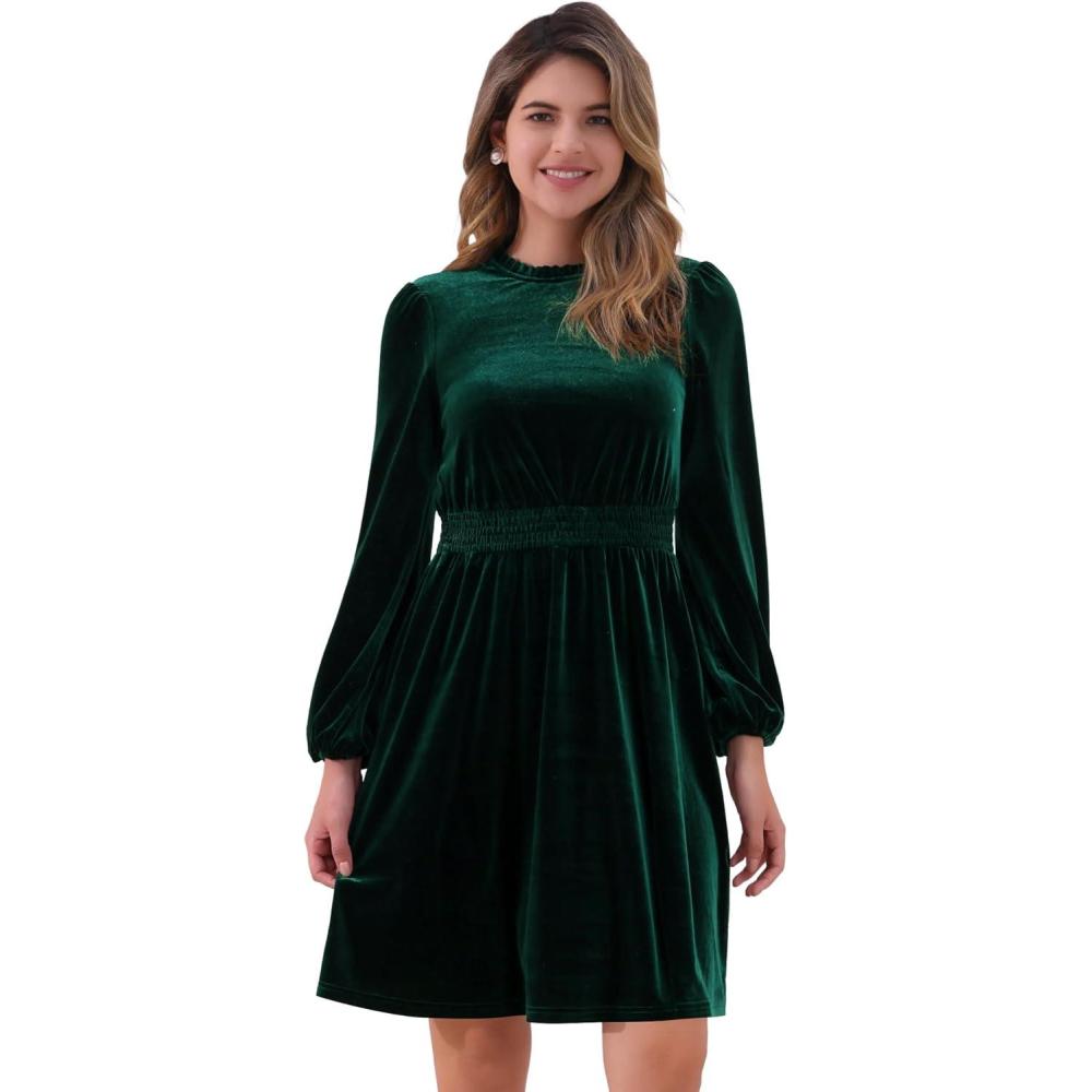 imageAllegra K Velvet Dresses for Womens Smocked Waistline Long Sleeve Wedding Guest DressGreen