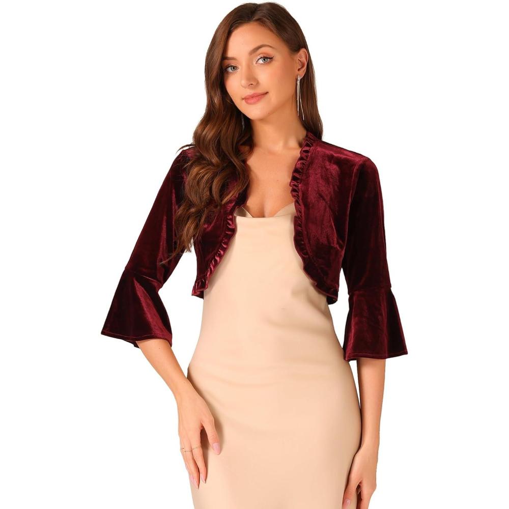 imageAllegra K Velvet Shrug Top for Womens 34 Sleeve Open Front Ruffled Cocktail Party Cropped CardiganBurgundy