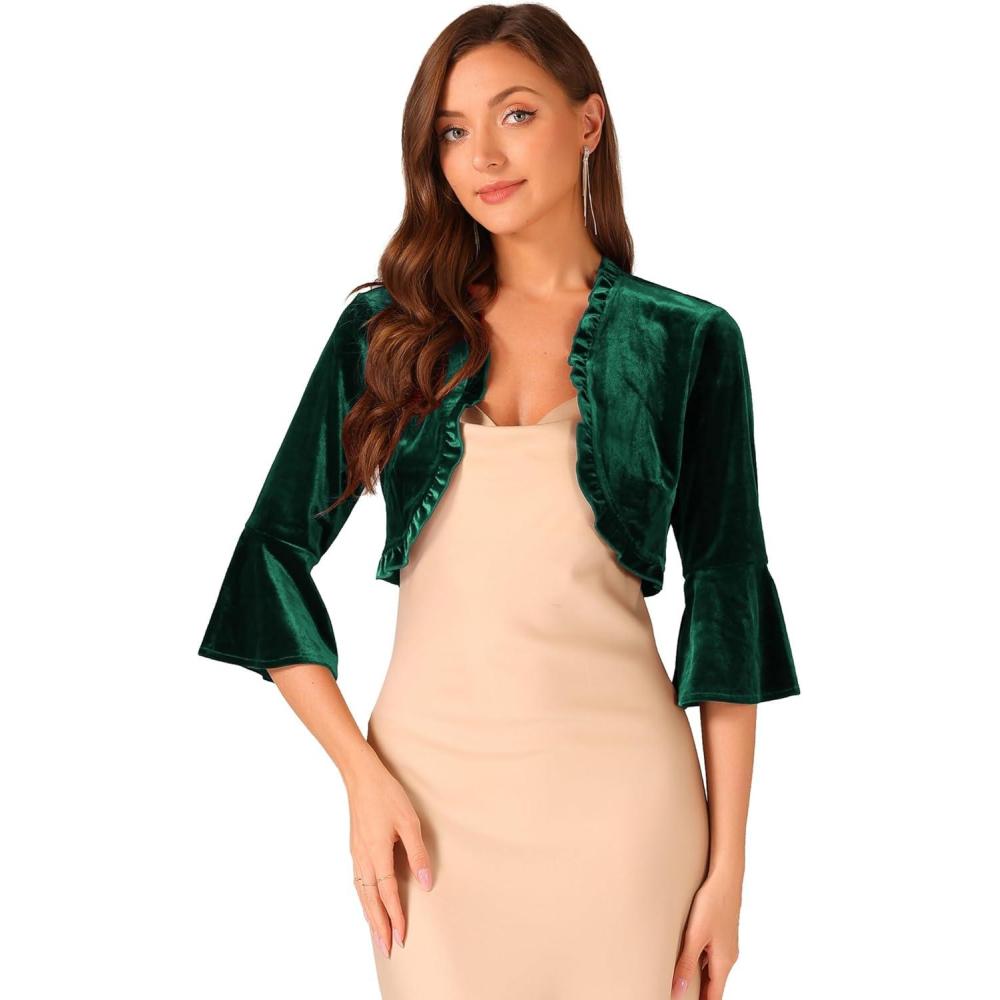 imageAllegra K Velvet Shrug Top for Womens 34 Sleeve Open Front Ruffled Cocktail Party Cropped CardiganDark Green