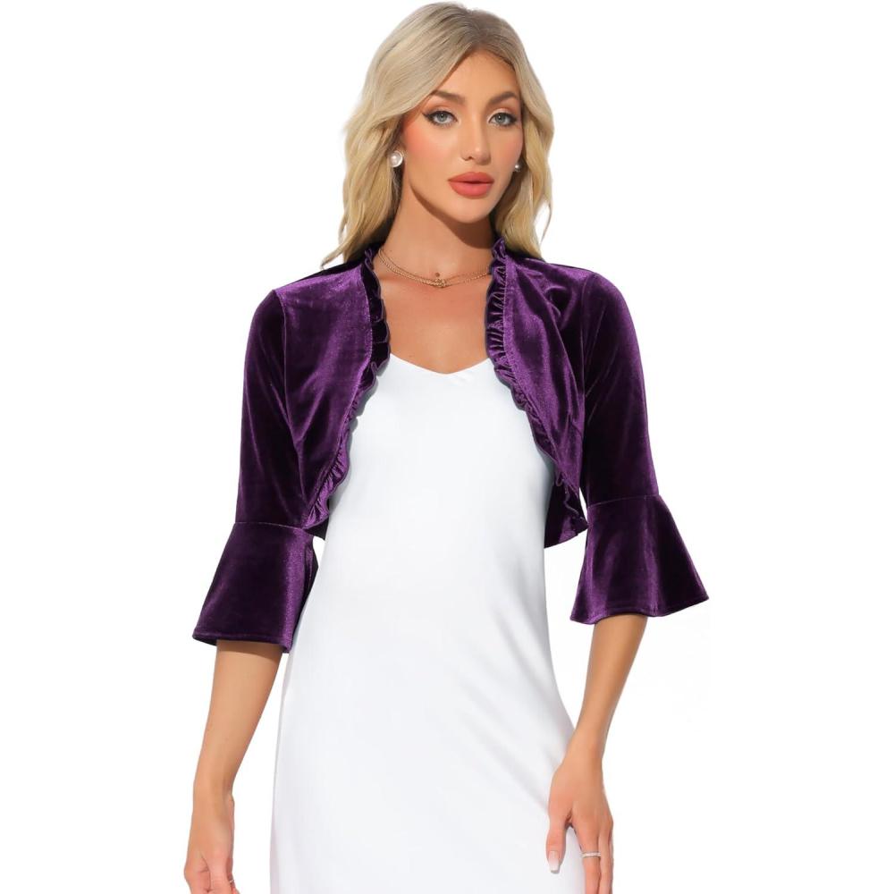 imageAllegra K Velvet Shrug Top for Womens 34 Sleeve Open Front Ruffled Cocktail Party Cropped CardiganDeep Purple