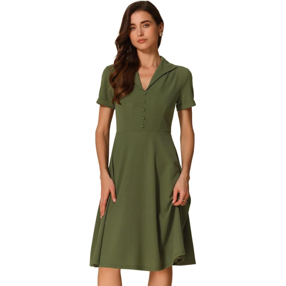 imageAllegra K Vintage Work Dresses for Womens 1950s Flat Collar Short Sleeve Fit and Flare DressArmy Green