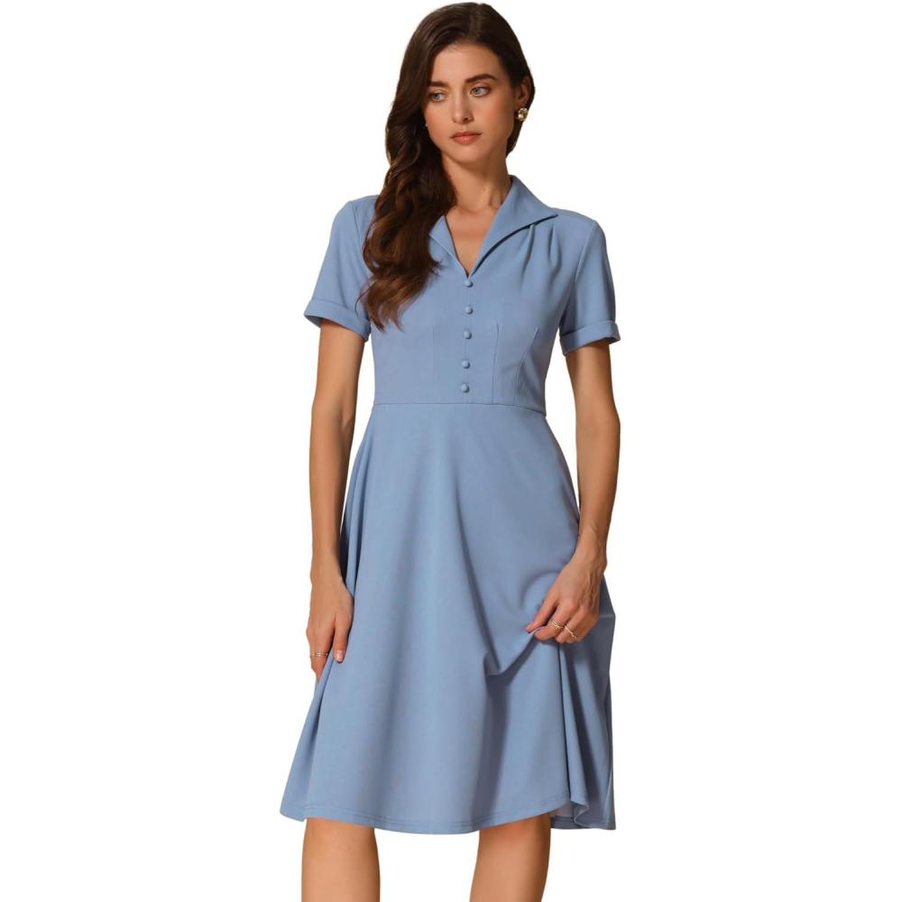 imageAllegra K Vintage Work Dresses for Womens 1950s Flat Collar Short Sleeve Fit and Flare DressBlue Gray