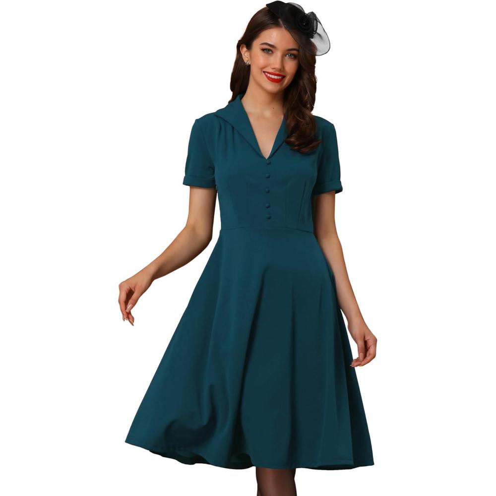 imageAllegra K Vintage Work Dresses for Womens 1950s Flat Collar Short Sleeve Fit and Flare DressPeacock Blue
