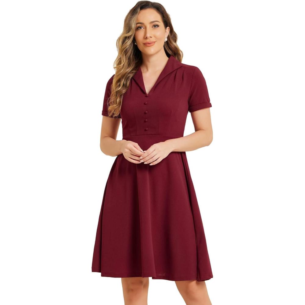 imageAllegra K Vintage Work Dresses for Womens 1950s Flat Collar Short Sleeve Fit and Flare DressWine Red