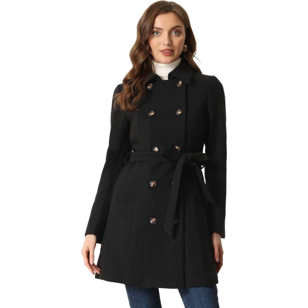 imageAllegra K Winter Trench Coat for Women Overcoat Belted Outwear Double Breasted Mid Long Pea CoatBlack