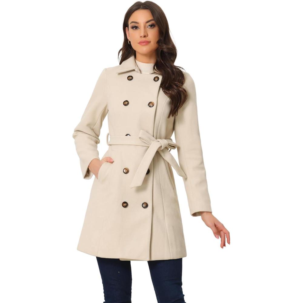 imageAllegra K Winter Trench Coat for Women Overcoat Belted Outwear Double Breasted Mid Long Pea CoatCream White