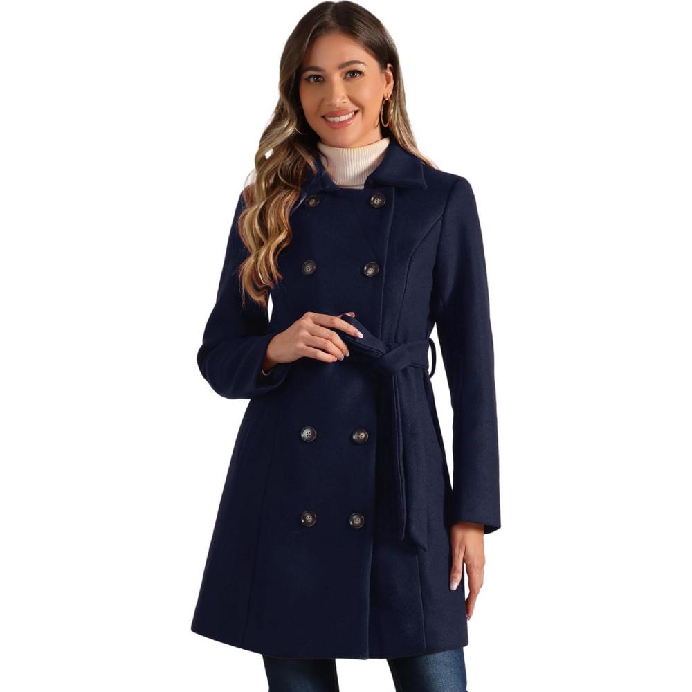 imageAllegra K Winter Trench Coat for Women Overcoat Belted Outwear Double Breasted Mid Long Pea CoatDark Blue