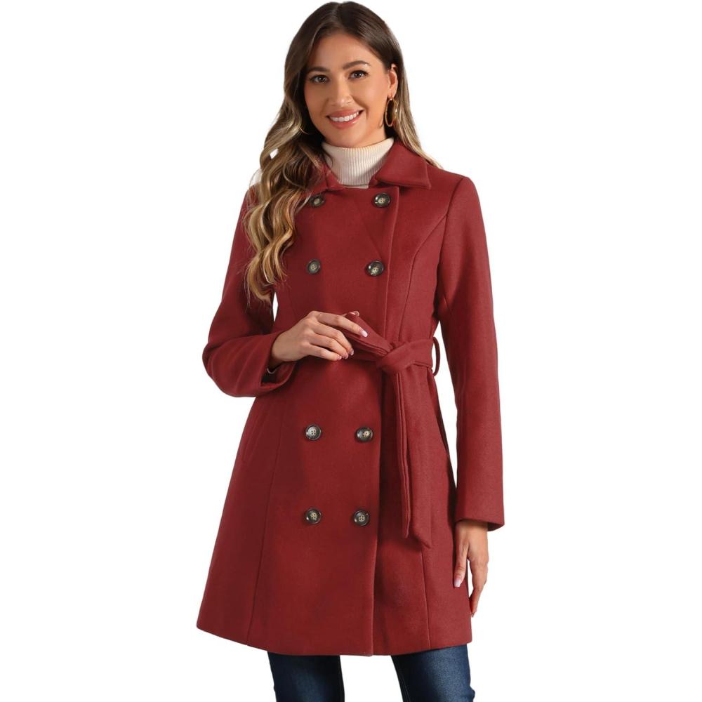 imageAllegra K Winter Trench Coat for Women Overcoat Belted Outwear Double Breasted Mid Long Pea CoatDark Red
