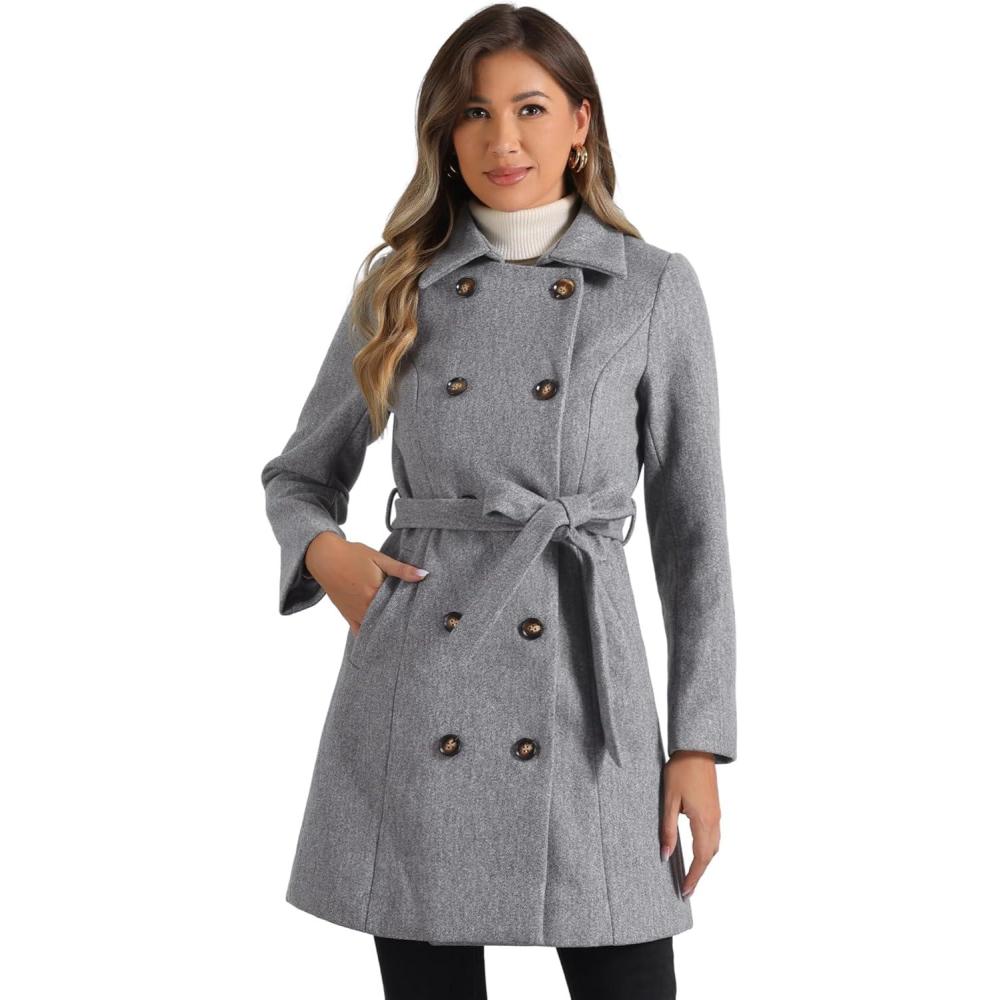 imageAllegra K Winter Trench Coat for Women Overcoat Belted Outwear Double Breasted Mid Long Pea CoatGrey