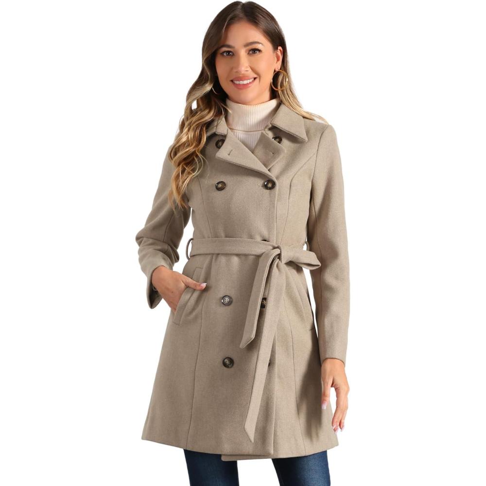imageAllegra K Winter Trench Coat for Women Overcoat Belted Outwear Double Breasted Mid Long Pea CoatLight Brown