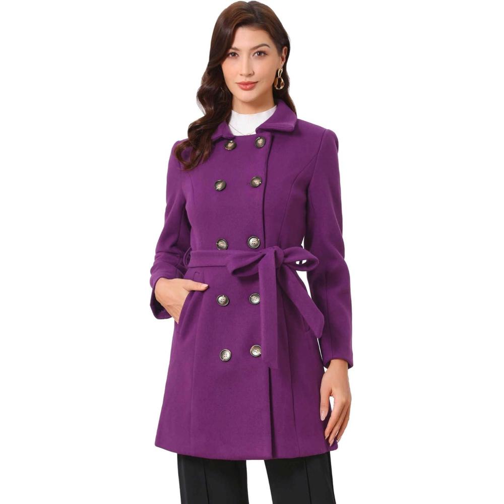 imageAllegra K Winter Trench Coat for Women Overcoat Belted Outwear Double Breasted Mid Long Pea CoatPurple