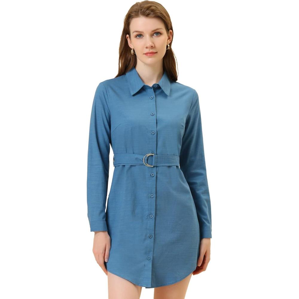 imageAllegra K Womens Belted Roll Up Sleeve Button Up Collared Shirt DressBlue