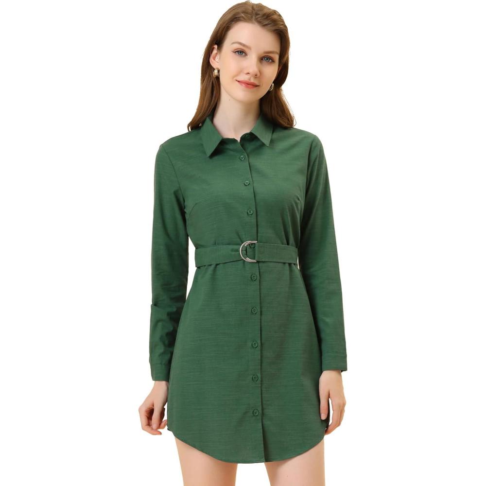 imageAllegra K Womens Belted Roll Up Sleeve Button Up Collared Shirt DressGreen