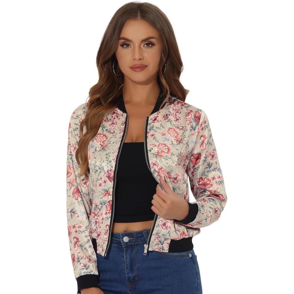 imageAllegra K Womens Bomber Jacket Satin Long Sleeve Zipper Floral Print Casual Fall Coat with Pocket Winter OutwearBeige