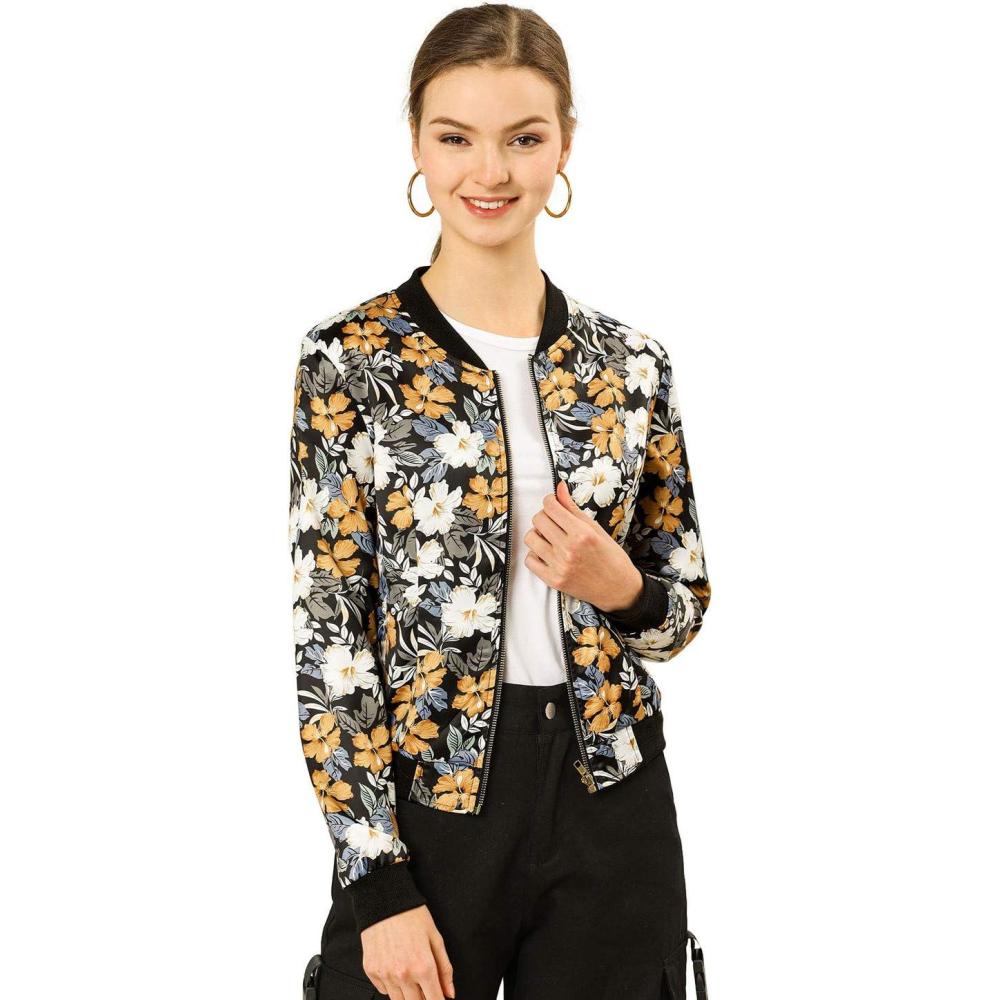 imageAllegra K Womens Bomber Jacket Satin Long Sleeve Zipper Floral Print Casual Fall Coat with Pocket Winter OutwearBlack