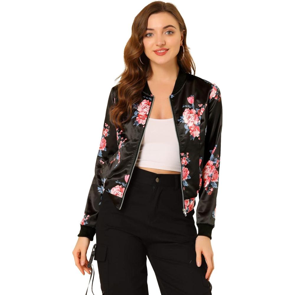 imageAllegra K Womens Bomber Jacket Satin Long Sleeve Zipper Floral Print Casual Fall Coat with Pocket Winter OutwearBlack Pink