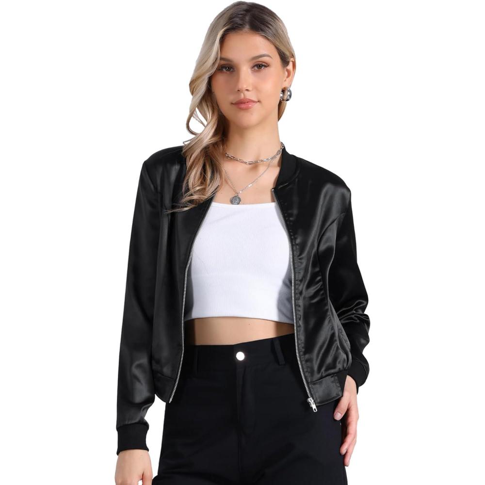 imageAllegra K Womens Bomber Jacket Satin Long Sleeve Zipper Floral Print Casual Fall Coat with Pocket Winter OutwearBlacks