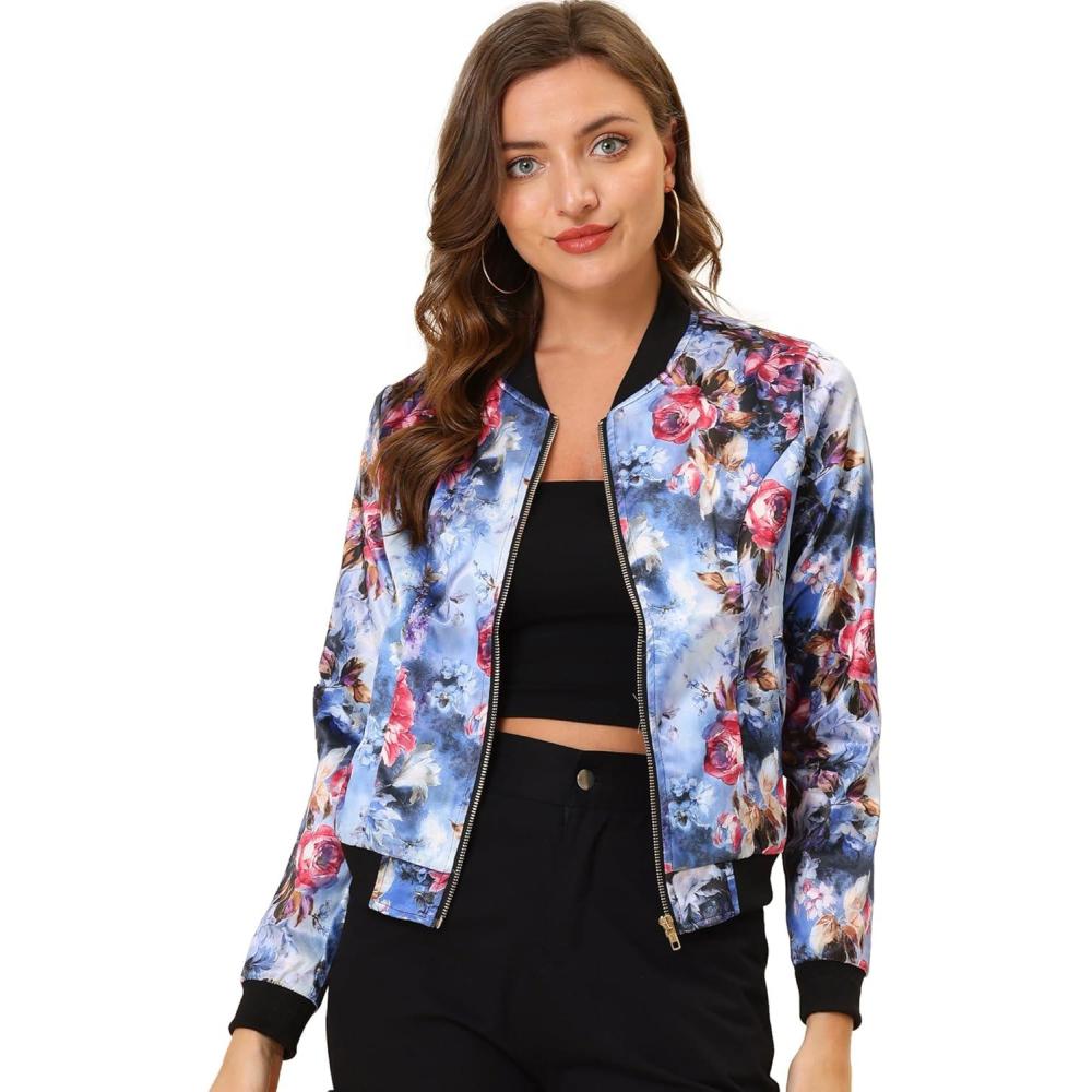 imageAllegra K Womens Bomber Jacket Satin Long Sleeve Zipper Floral Print Casual Fall Coat with Pocket Winter OutwearBlue