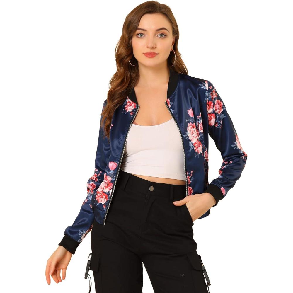imageAllegra K Womens Bomber Jacket Satin Long Sleeve Zipper Floral Print Casual Fall Coat with Pocket Winter OutwearDark Blue