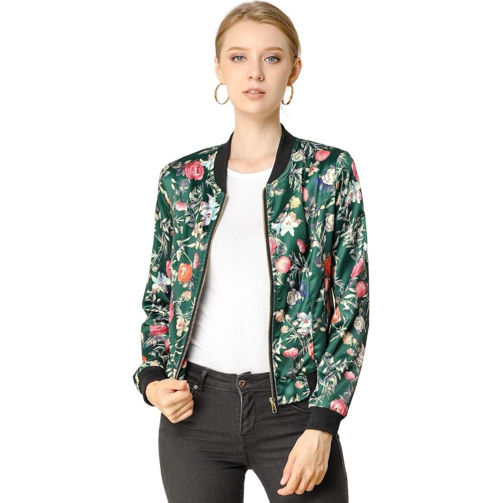 imageAllegra K Womens Bomber Jacket Satin Long Sleeve Zipper Floral Print Casual Fall Coat with Pocket Winter OutwearDark Green