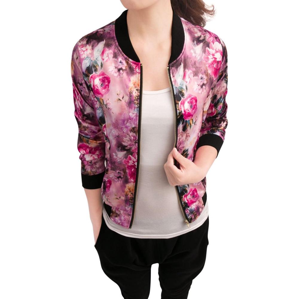 imageAllegra K Womens Bomber Jacket Satin Long Sleeve Zipper Floral Print Casual Fall Coat with Pocket Winter OutwearFuchsia
