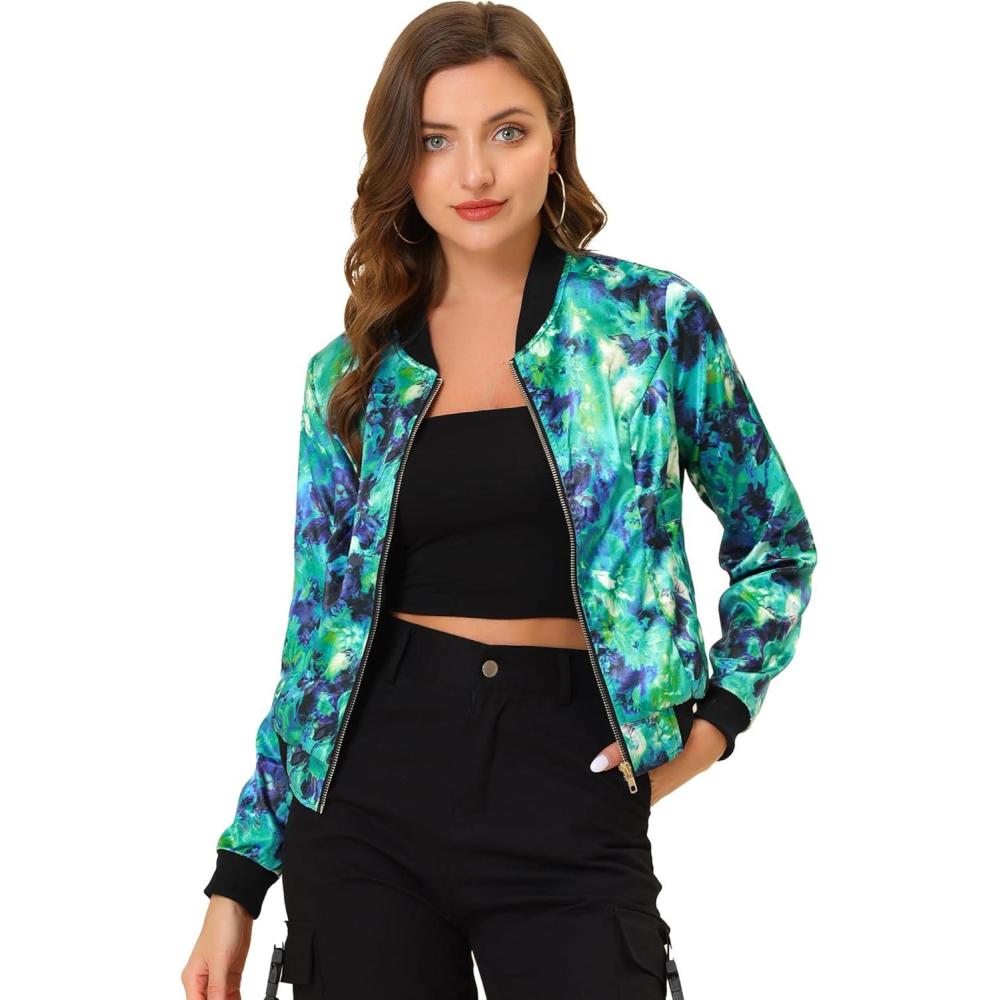 imageAllegra K Womens Bomber Jacket Satin Long Sleeve Zipper Floral Print Casual Fall Coat with Pocket Winter OutwearGreen