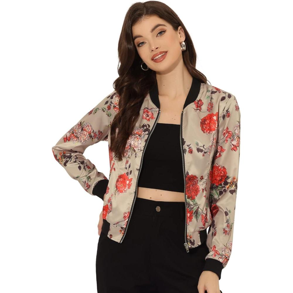 imageAllegra K Womens Bomber Jacket Satin Long Sleeve Zipper Floral Print Casual Fall Coat with Pocket Winter OutwearKhaki