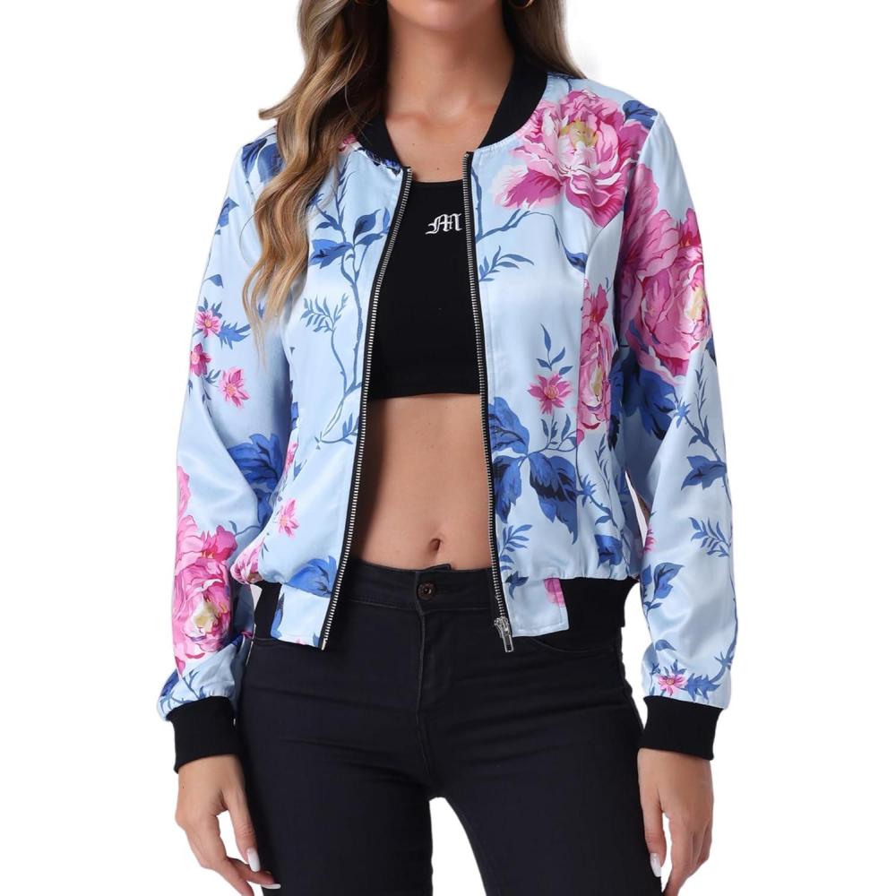 imageAllegra K Womens Bomber Jacket Satin Long Sleeve Zipper Floral Print Casual Fall Coat with Pocket Winter OutwearLight Blue