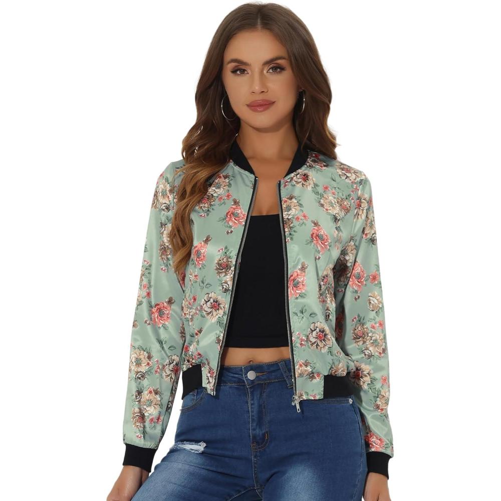 imageAllegra K Womens Bomber Jacket Satin Long Sleeve Zipper Floral Print Casual Fall Coat with Pocket Winter OutwearLight Greens