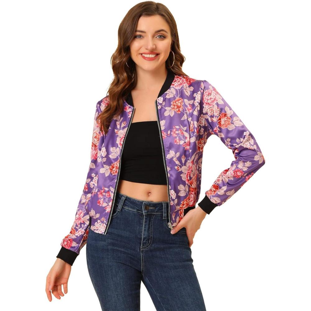imageAllegra K Womens Bomber Jacket Satin Long Sleeve Zipper Floral Print Casual Fall Coat with Pocket Winter OutwearPurple