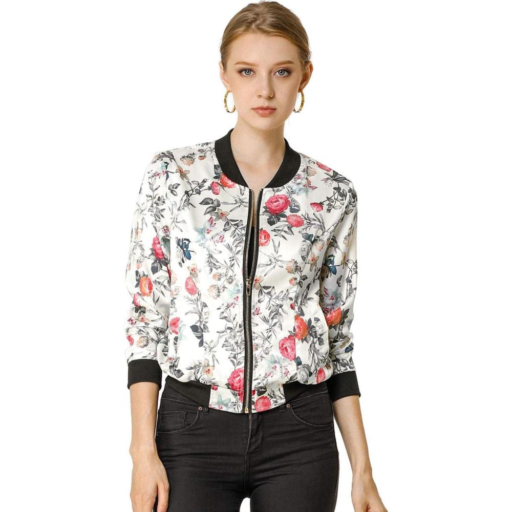 imageAllegra K Womens Bomber Jacket Satin Long Sleeve Zipper Floral Print Casual Fall Coat with Pocket Winter OutwearWhite
