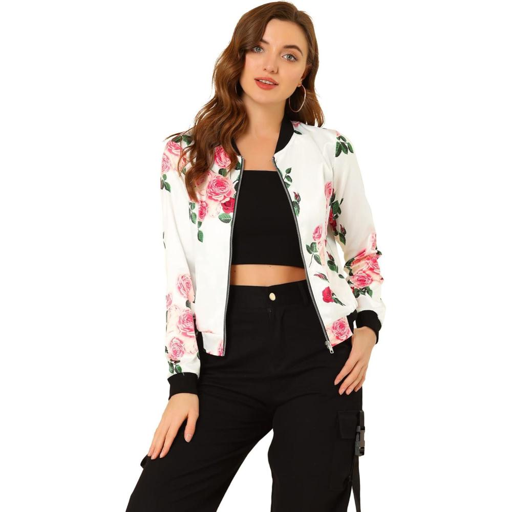imageAllegra K Womens Bomber Jacket Satin Long Sleeve Zipper Floral Print Casual Fall Coat with Pocket Winter OutwearWhite Pink
