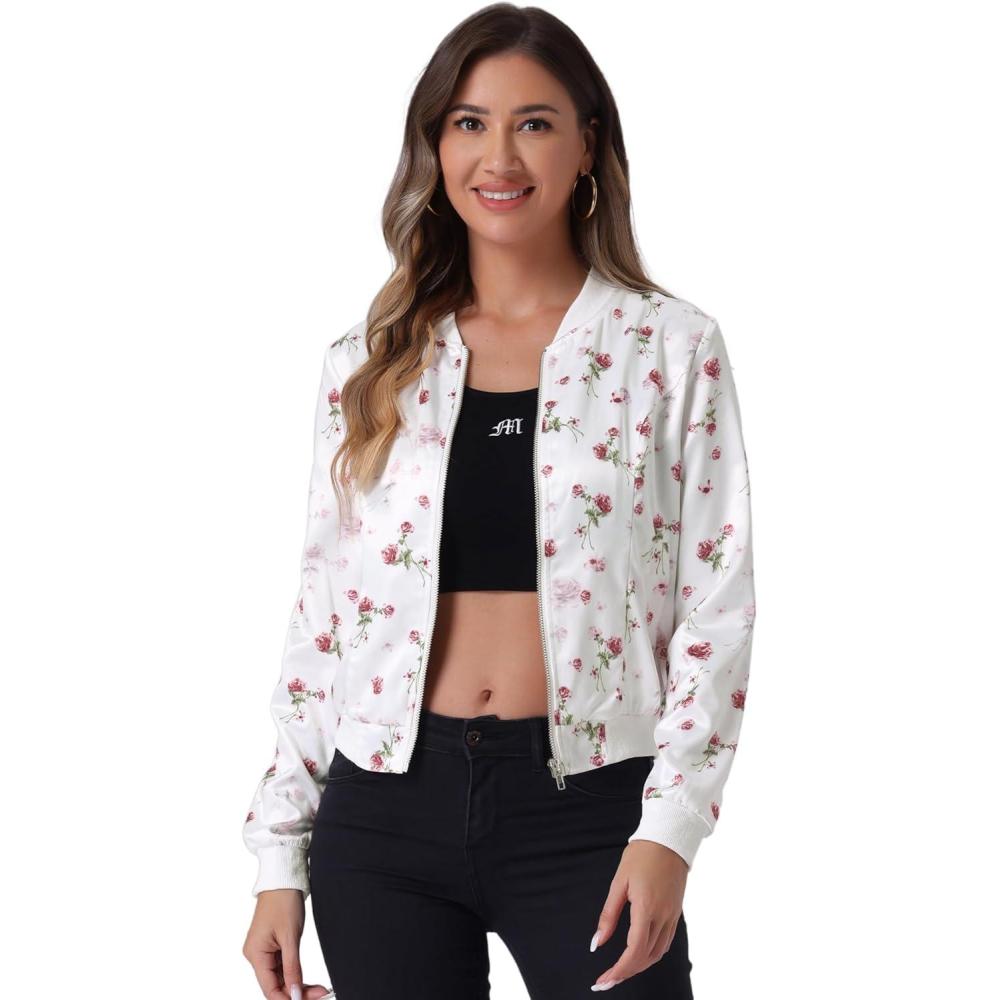 imageAllegra K Womens Bomber Jacket Satin Long Sleeve Zipper Floral Print Casual Fall Coat with Pocket Winter OutwearWhite Red