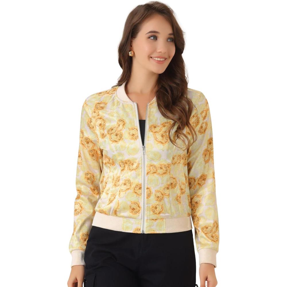 imageAllegra K Womens Bomber Jacket Satin Long Sleeve Zipper Floral Print Casual Fall Coat with Pocket Winter OutwearYellow