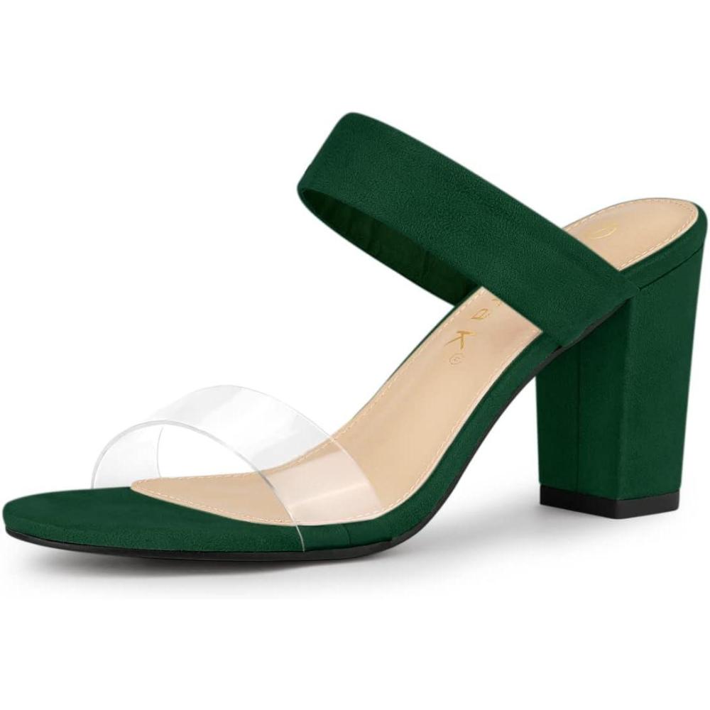 imageAllegra K Womens Dual Clear Strap Block Heels Slides SandalsGreen