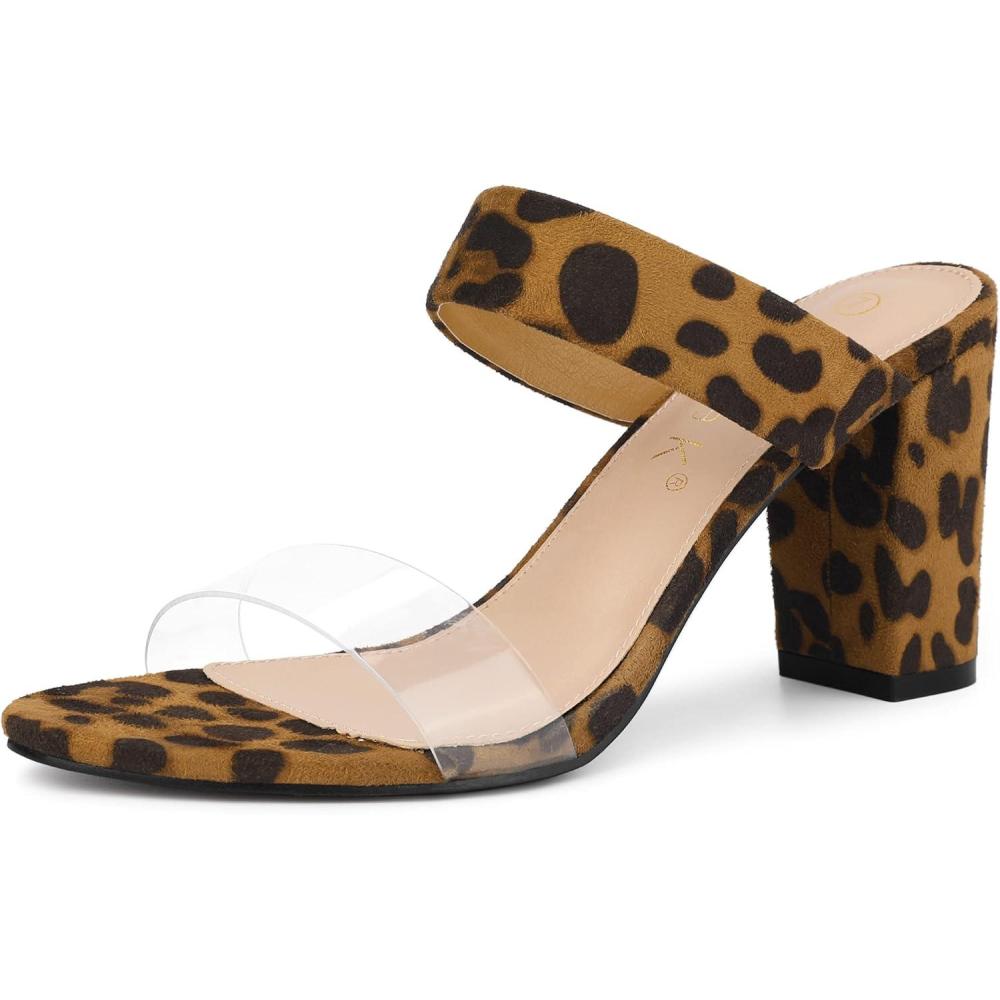 imageAllegra K Womens Dual Clear Strap Block Heels Slides SandalsLeopard