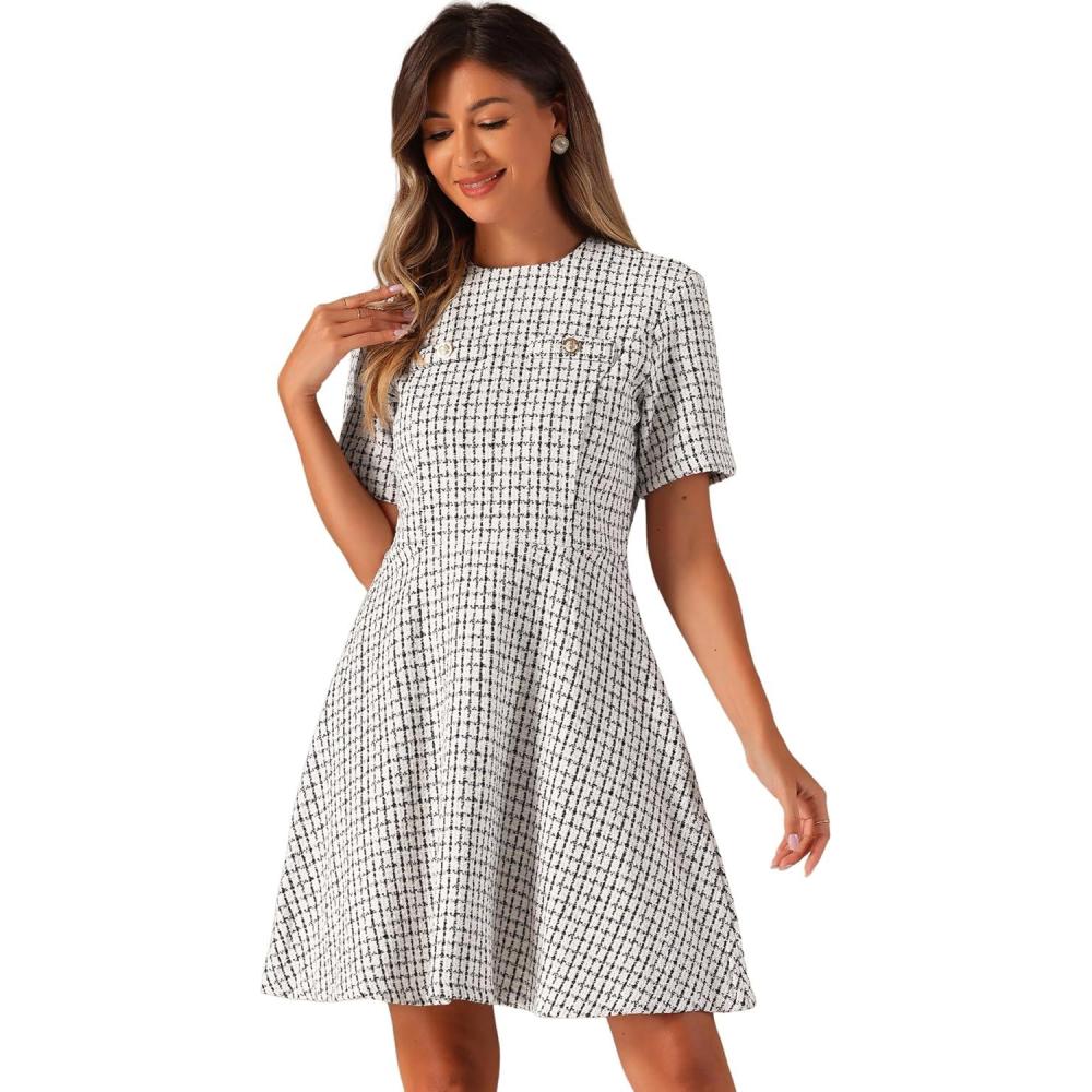 imageAllegra K Womens Elegant Short Sleeve Aline Dresses Plaid Tweed DressApricot