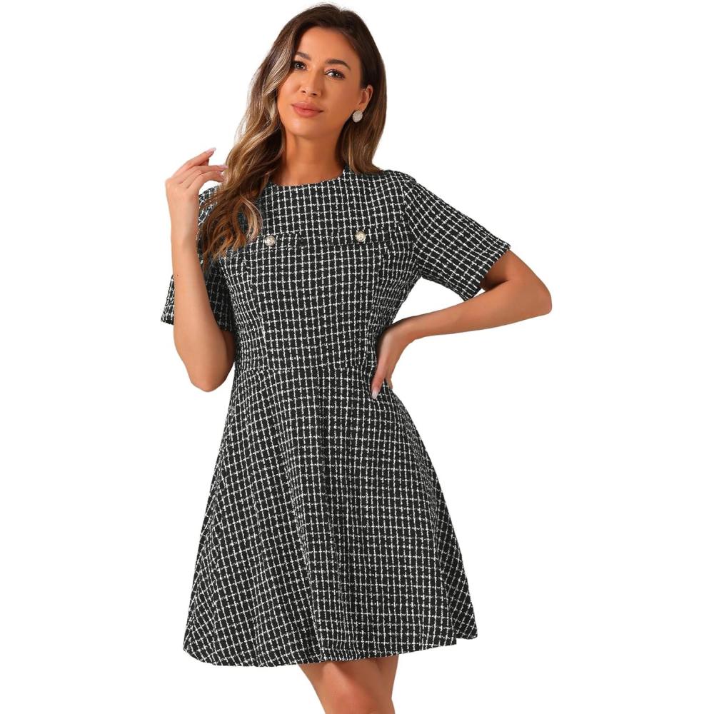 imageAllegra K Womens Elegant Short Sleeve Aline Dresses Plaid Tweed DressBlack and White