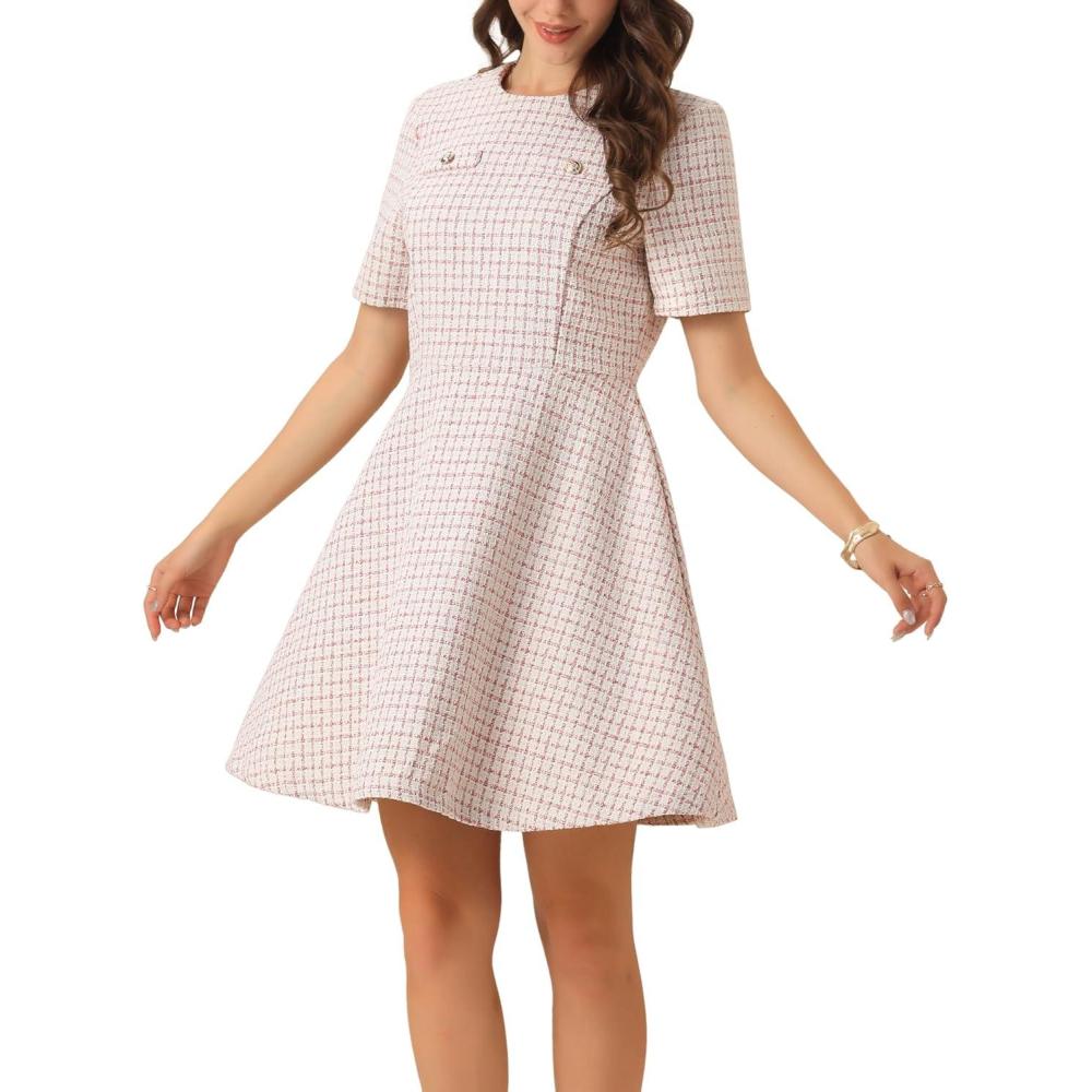 imageAllegra K Womens Elegant Short Sleeve Aline Dresses Plaid Tweed DressPink