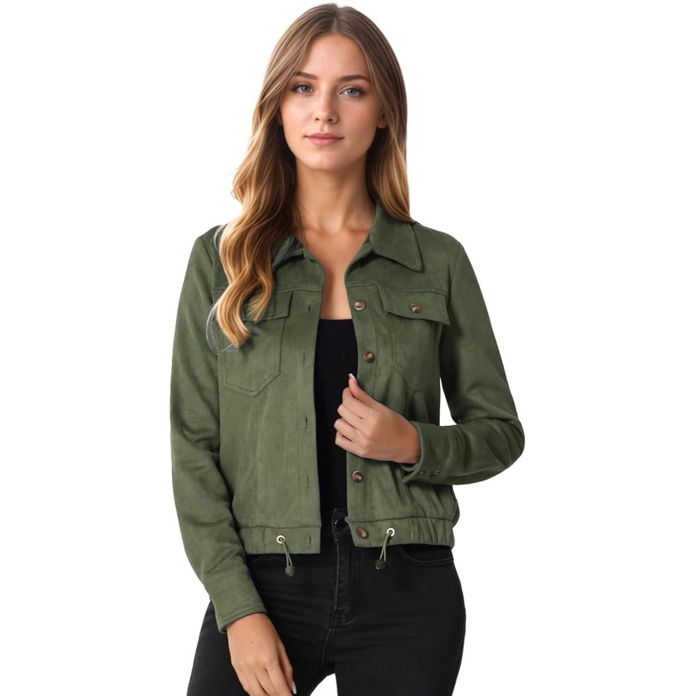 imageAllegra K Womens Faux Suede Jacket Button Down Collar Cropped Biker Motorcycle Jacket Fall Winter CoatArmy Green