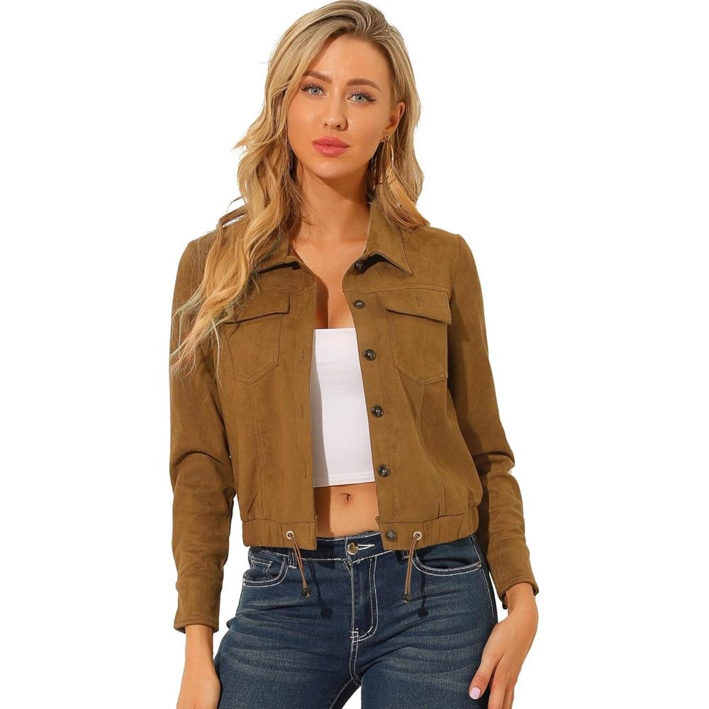 imageAllegra K Womens Faux Suede Jacket Button Down Collar Cropped Biker Motorcycle Jacket Fall Winter CoatBrown