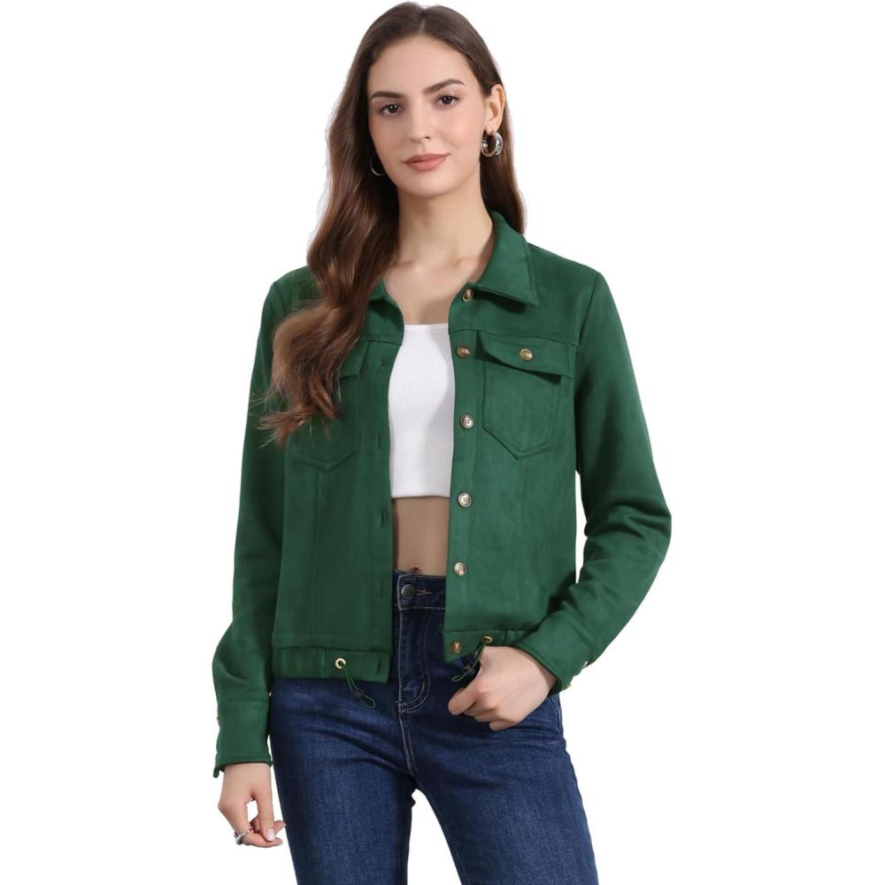 imageAllegra K Womens Faux Suede Jacket Button Down Collar Cropped Biker Motorcycle Jacket Fall Winter CoatGreen